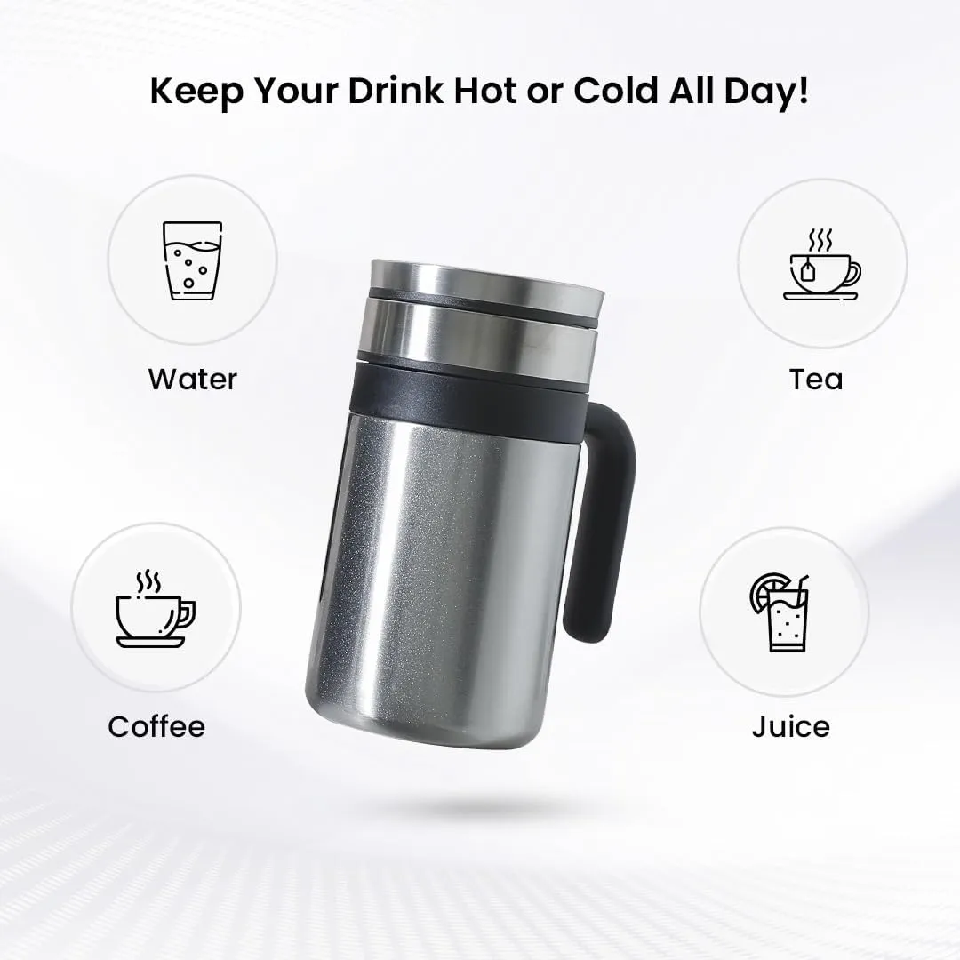 Kuber industries Stainless Steel Vacuum Insulated Travel Mug with Lid 420 ML-Pack of 2 (Silver)