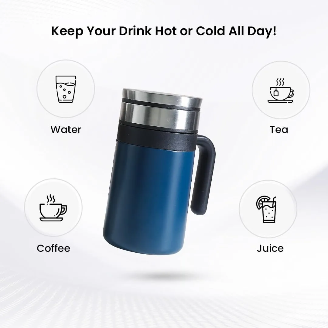 Kuber industries Stainless Steel Vacuum Insulated Travel Mug with Lid 420 ML-Pack of 4 (Blue)