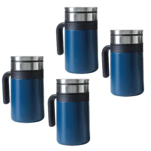 Kuber industries Stainless Steel Vacuum Insulated Travel Mug with Lid 420 ML-Pack of 4 (Blue)