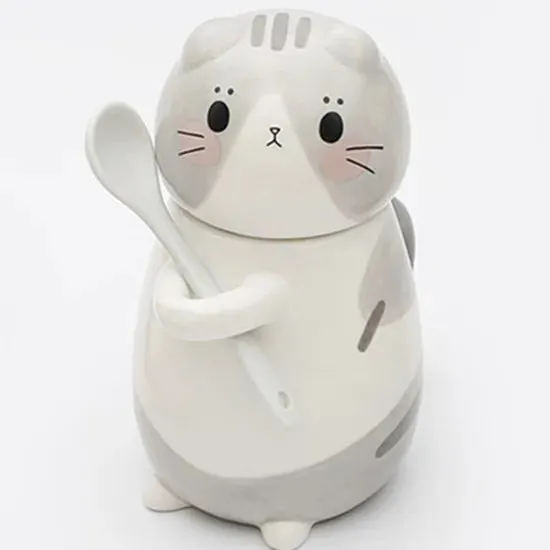 Lucky Cat Ceramic Coffee Mug with Spoon