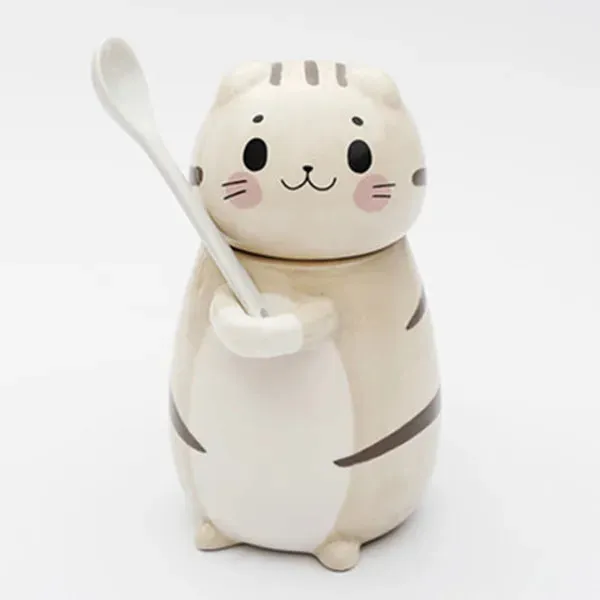 Lucky Cat Ceramic Coffee Mug with Spoon