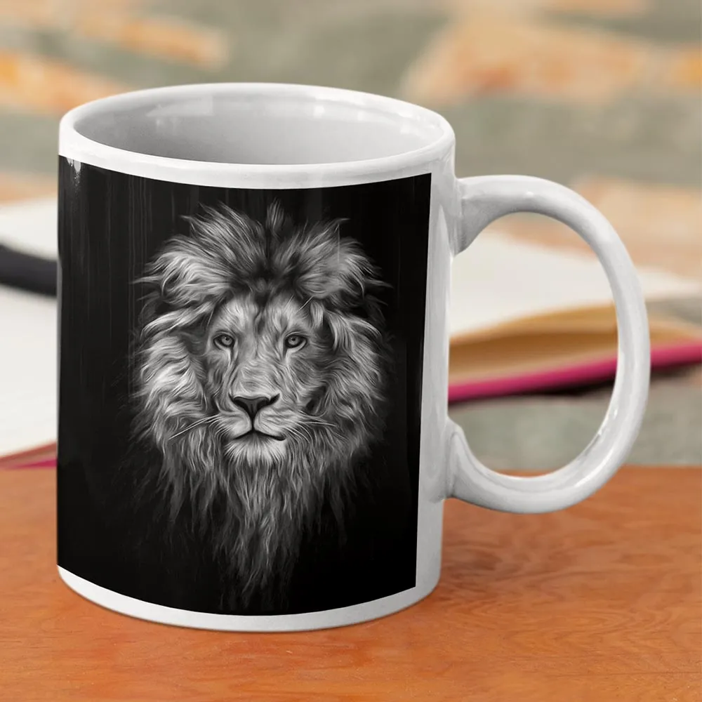 Majestic Monochrome: Black and White Lion Ceramic Coffee Mug