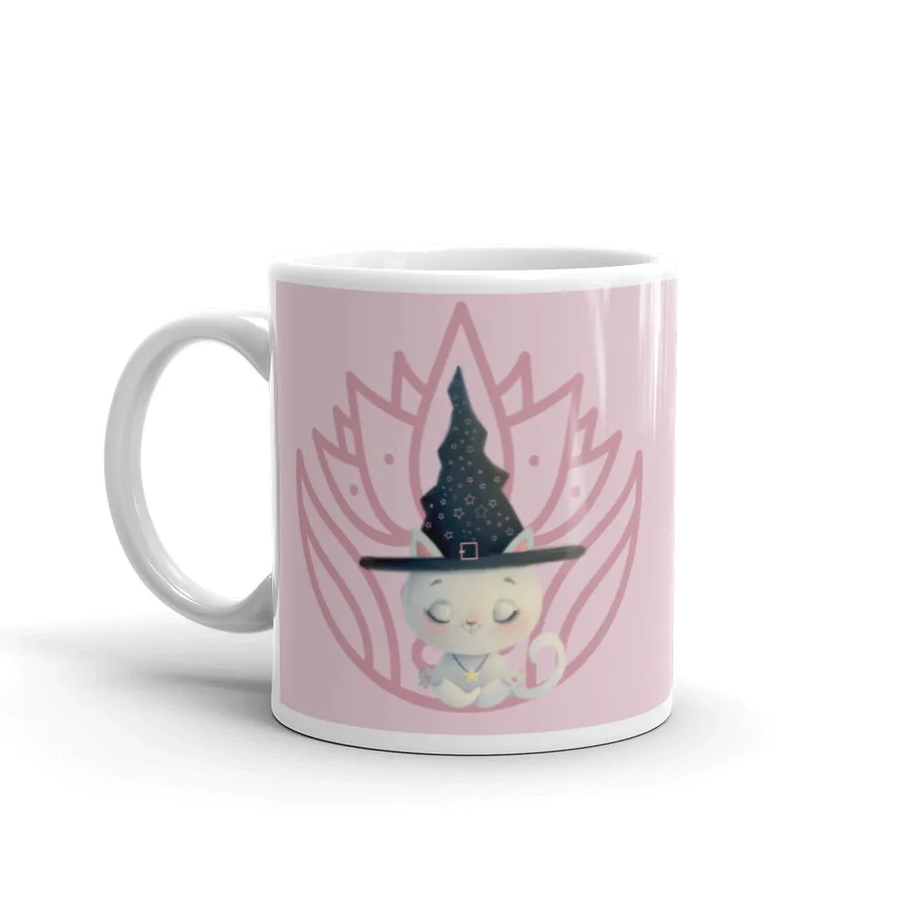 Meditation yoga white cat mug