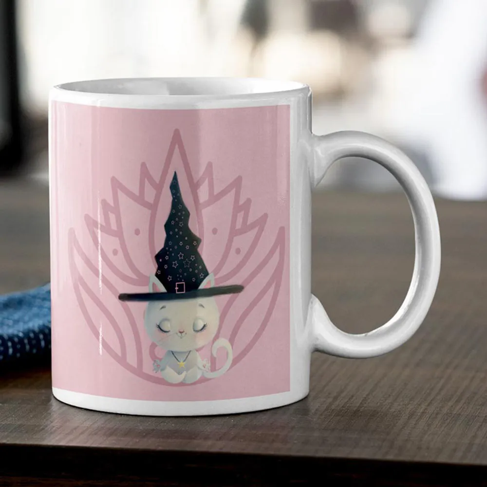 Meditation yoga white cat mug