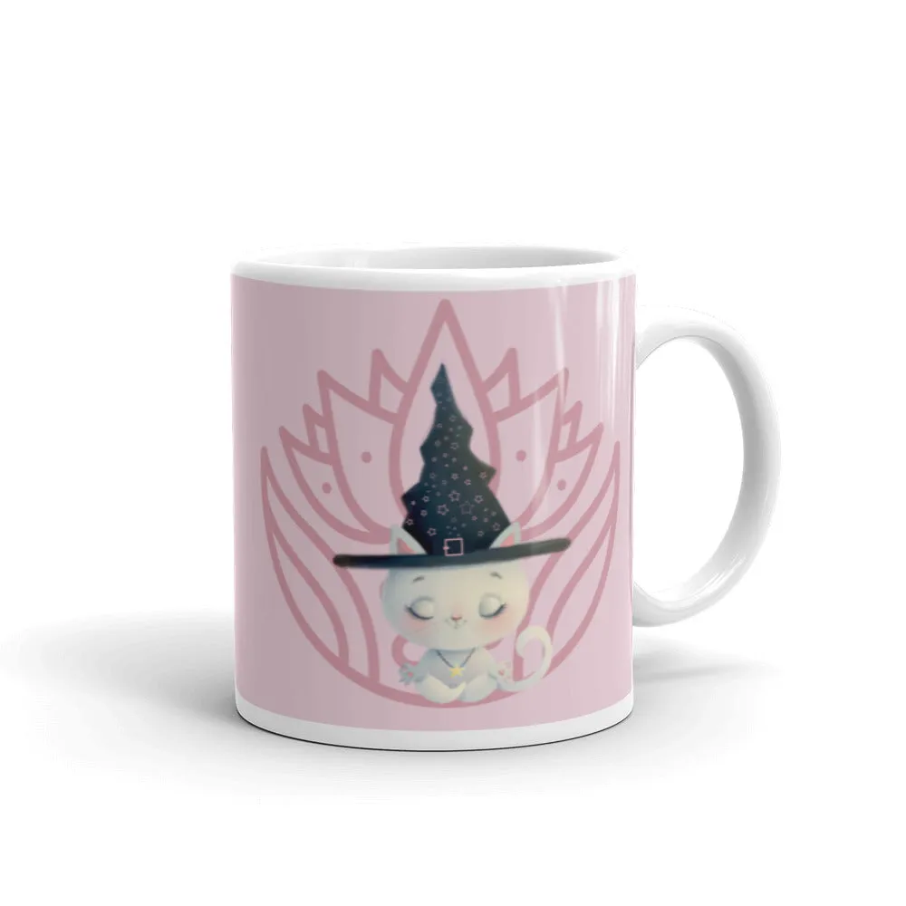 Meditation yoga white cat mug