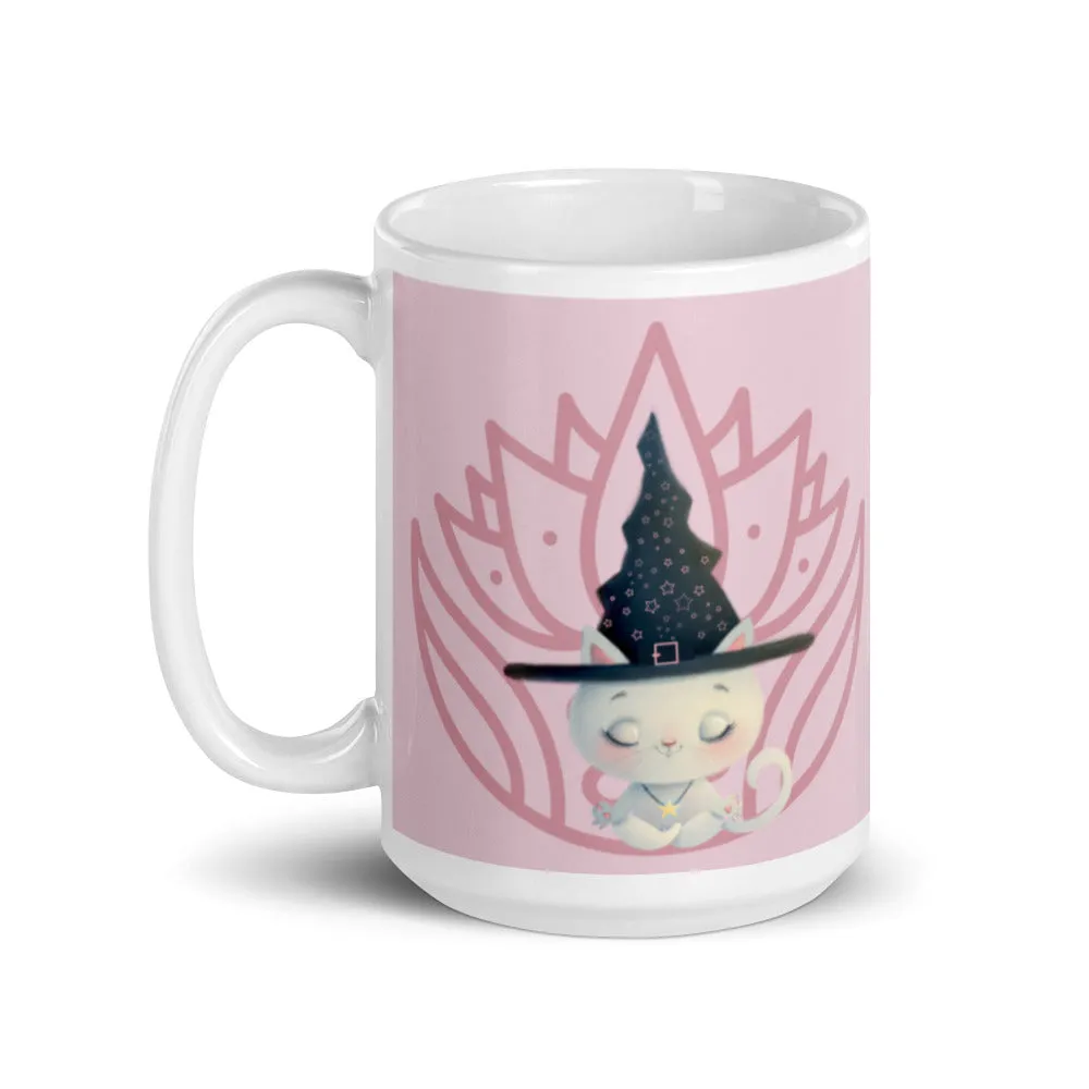 Meditation yoga white cat mug