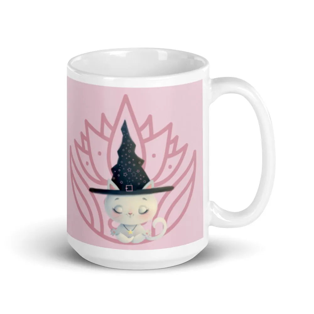 Meditation yoga white cat mug