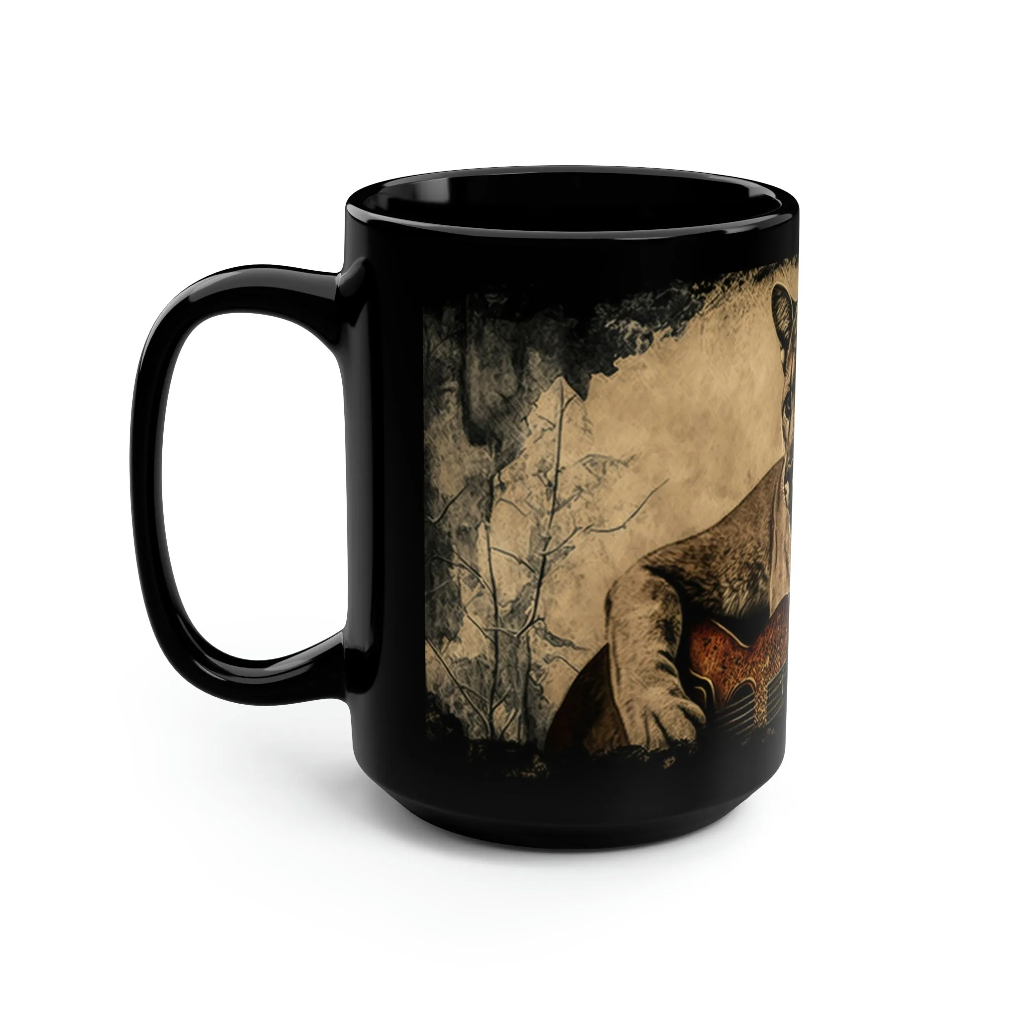 Mountain Lion Puma Cougar Playing Guitar - 15 oz Coffee Mug