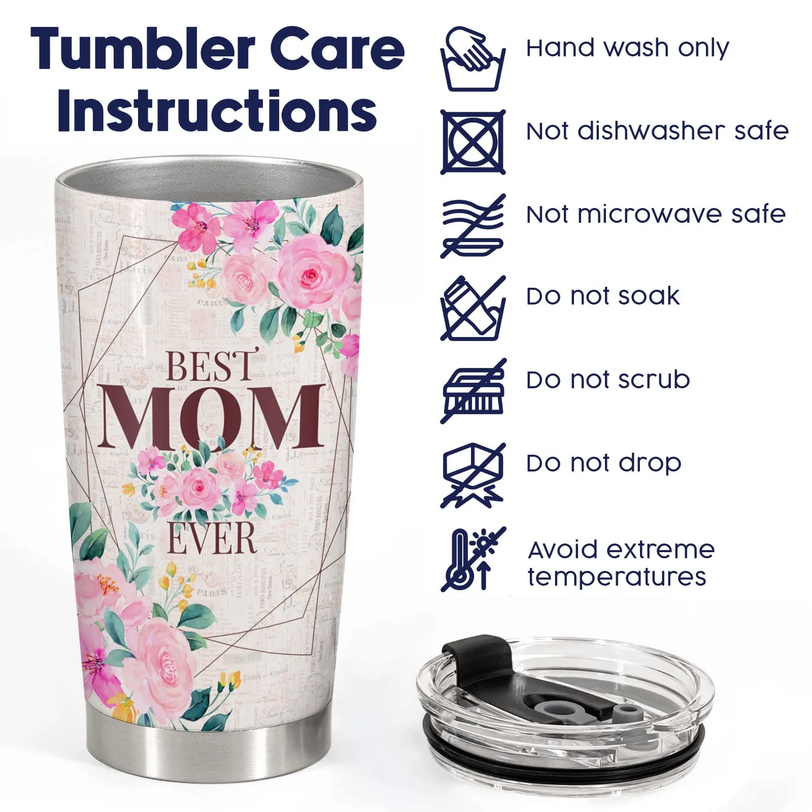 Perfect Gift for Mom - Stainless Steel Floral Mom Tumbler with Lid 20 oz