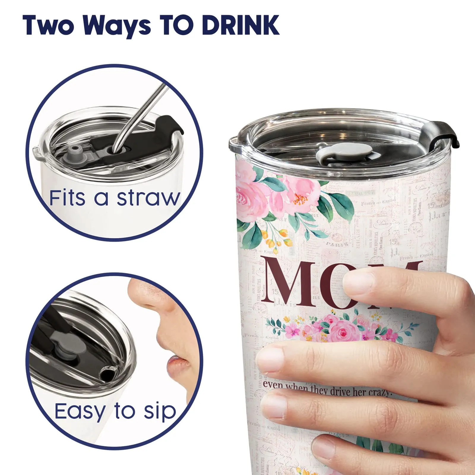 Perfect Gift for Mom - Stainless Steel Floral Mom Tumbler with Lid 20 oz