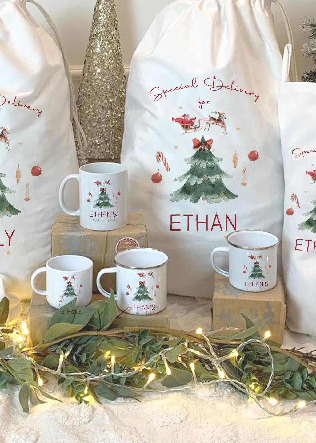 Personalised Christmas Sack Stocking Set | Christmas Mug Stocking Sets | Xmas Santa Bag | Custom Christmas Stocking |  Personalised Sack