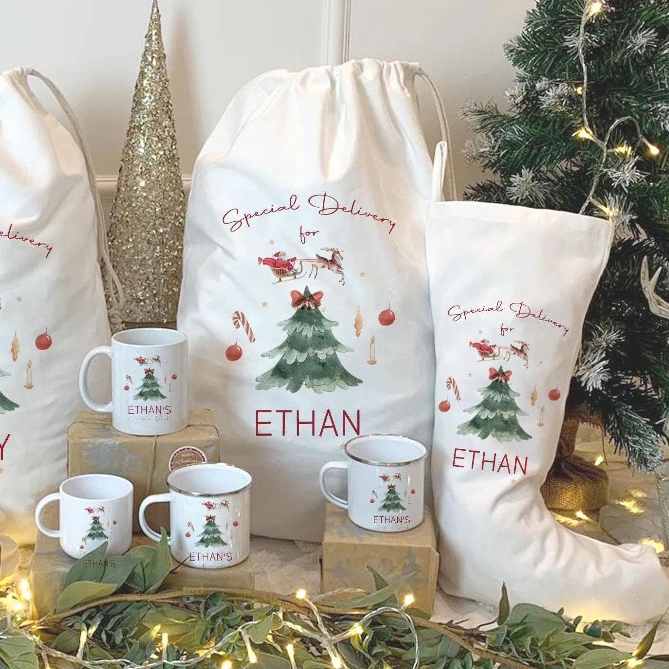 Personalised Christmas Sack Stocking Set | Christmas Mug Stocking Sets | Xmas Santa Bag | Custom Christmas Stocking |  Personalised Sack