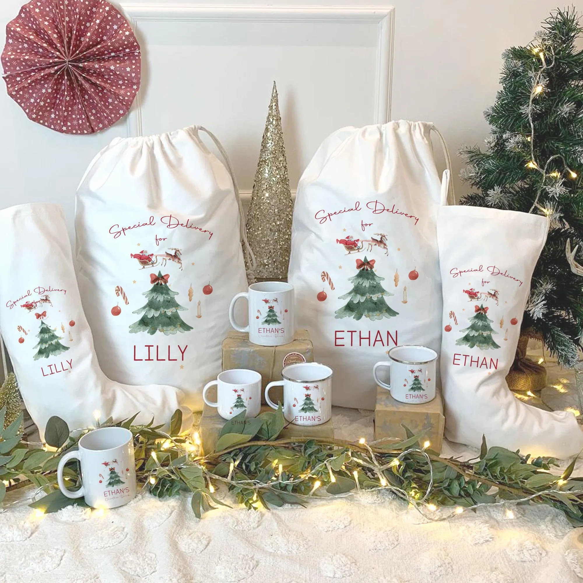 Personalised Christmas Sack Stocking Set | Christmas Mug Stocking Sets | Xmas Santa Bag | Custom Christmas Stocking |  Personalised Sack