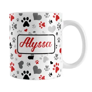 Personalized Black and Red Hearts and Paw Prints Mug