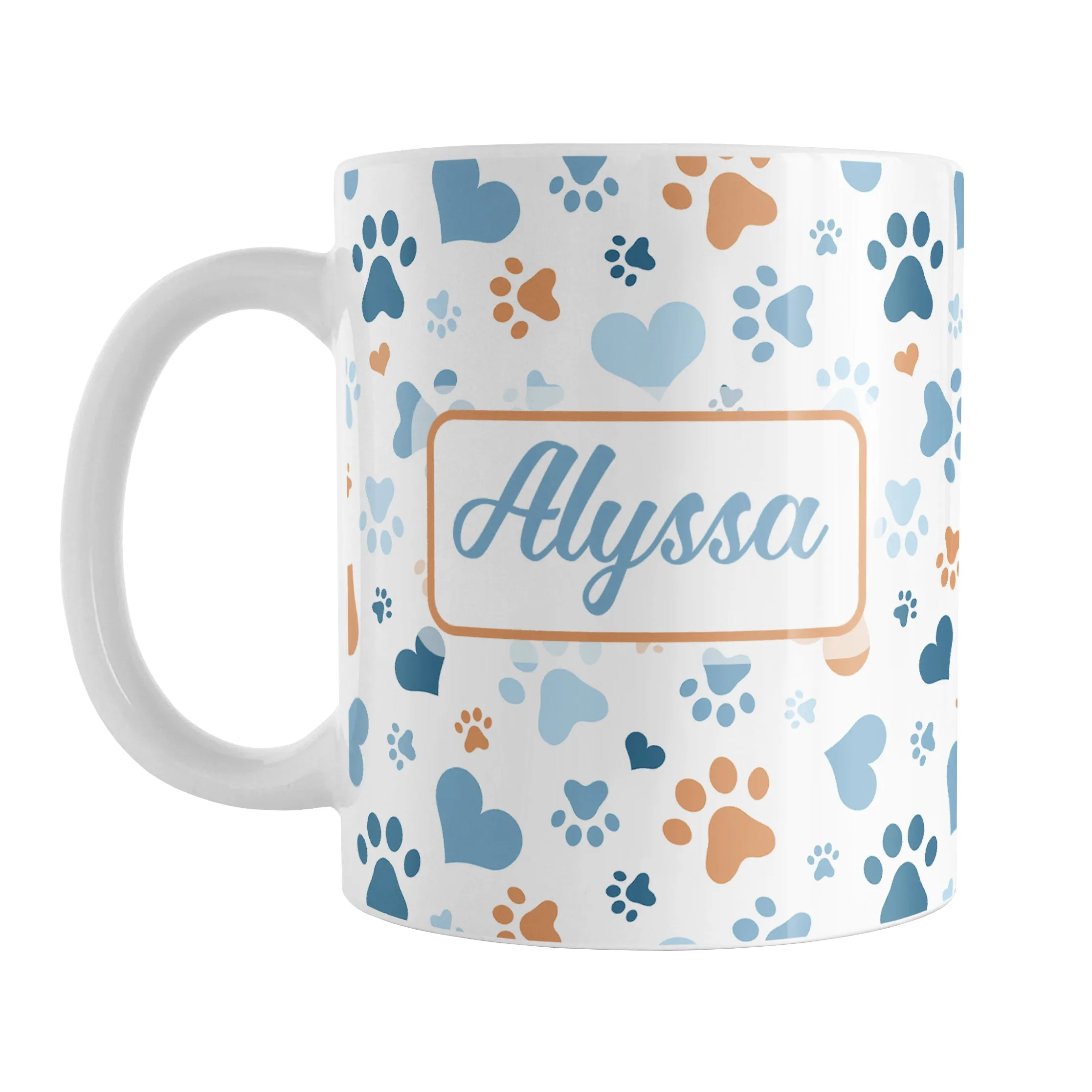 Personalized Blue Hearts and Paw Prints Mug