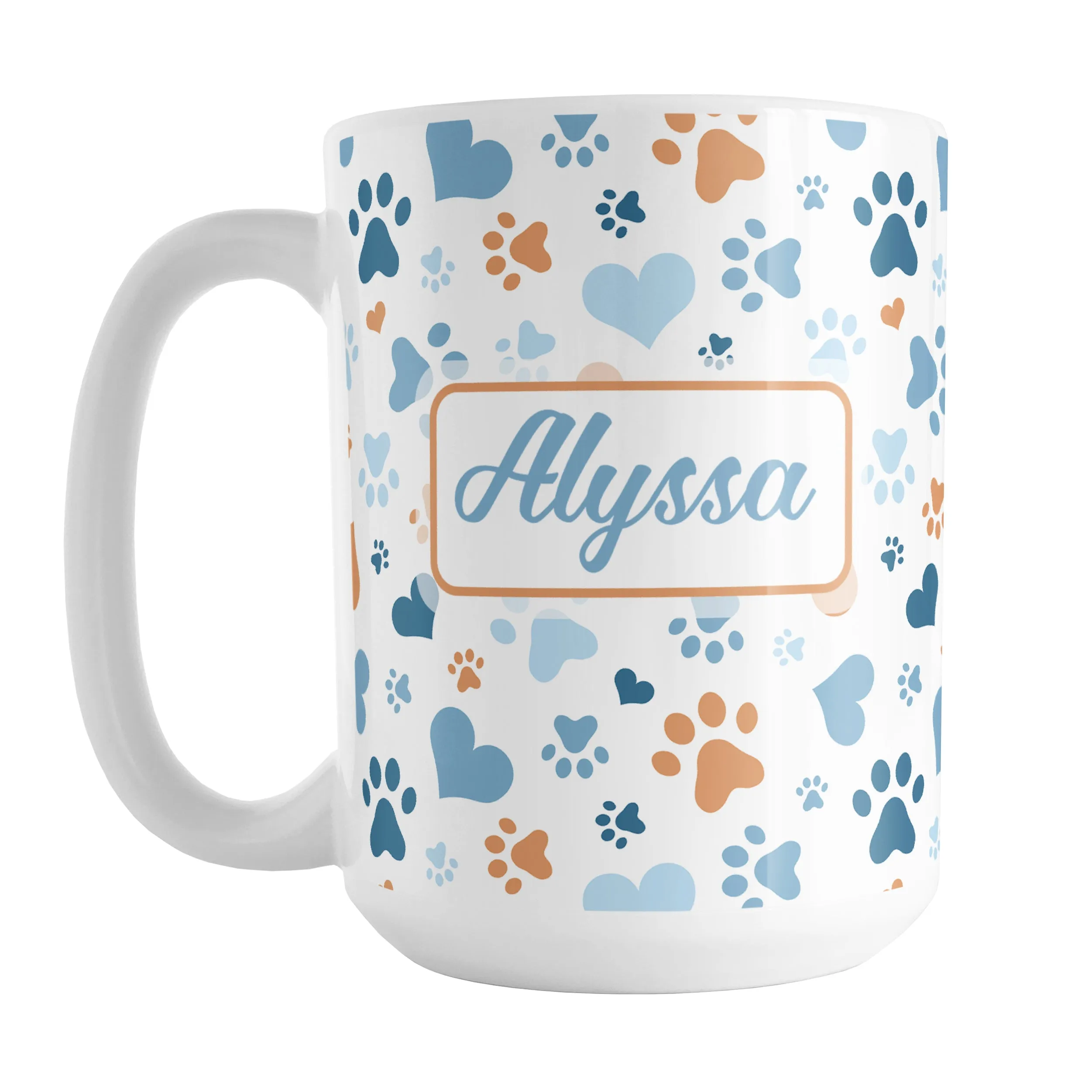 Personalized Blue Hearts and Paw Prints Mug