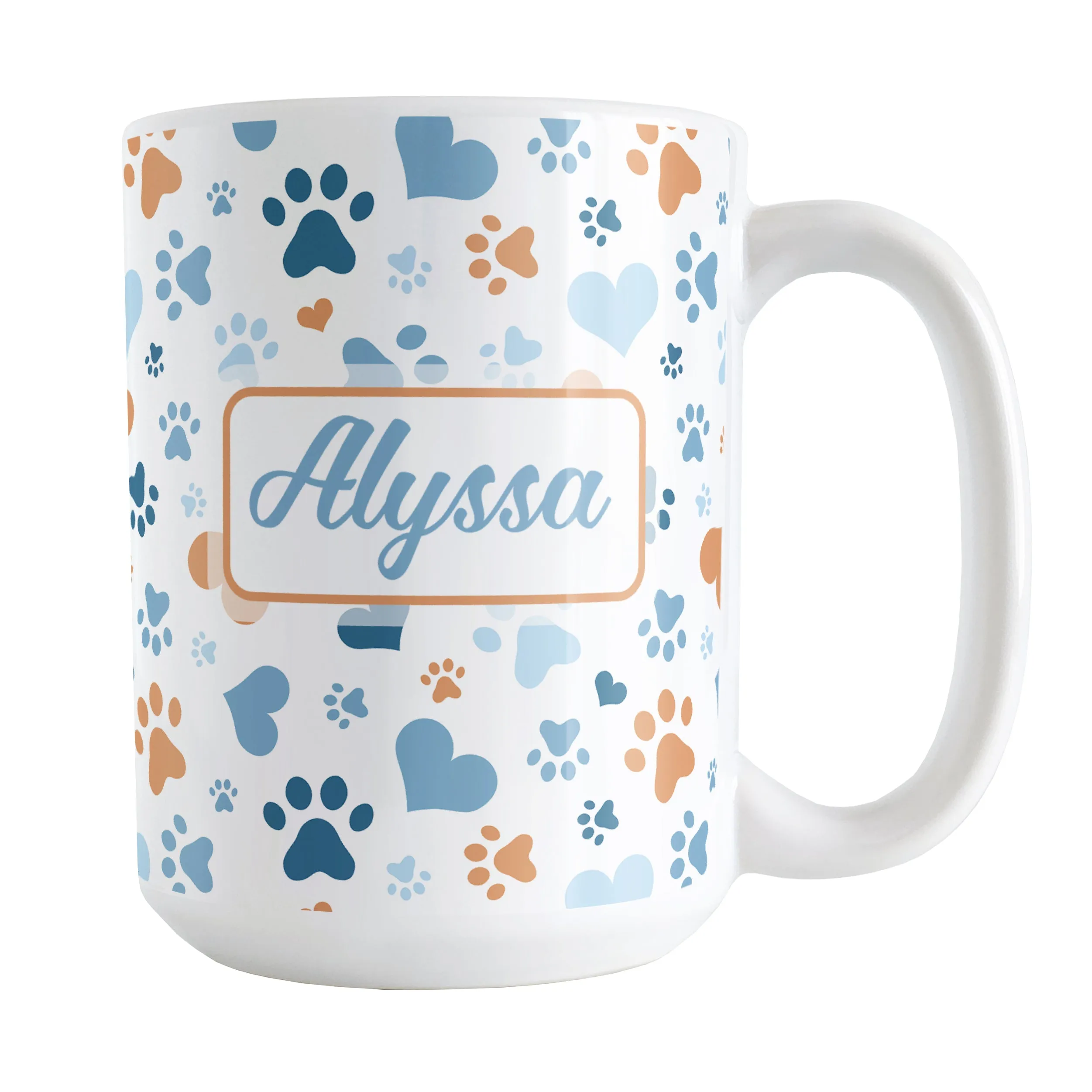 Personalized Blue Hearts and Paw Prints Mug