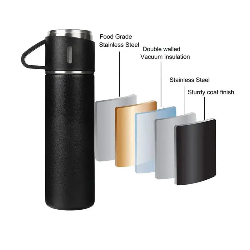 Premium Stainless Steel Thermo 500ml Vacuum Insulated Bottle Water Flask Gift Set with Two Cups Hot & Cold