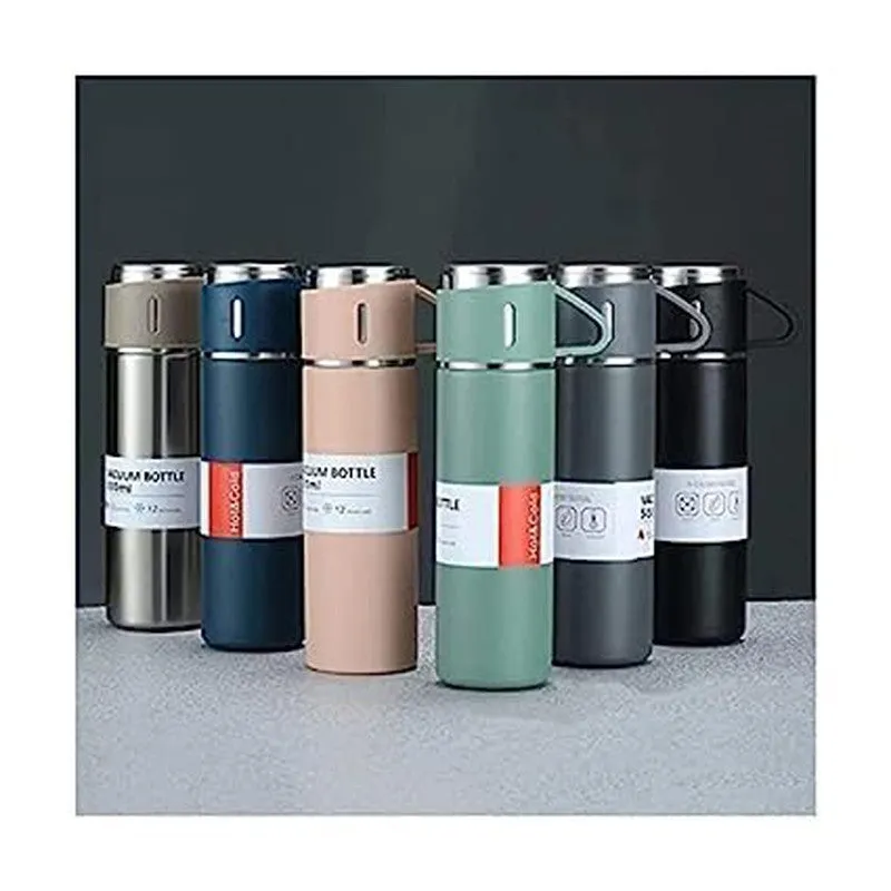 Premium Stainless Steel Thermo 500ml Vacuum Insulated Bottle Water Flask Gift Set with Two Cups Hot & Cold