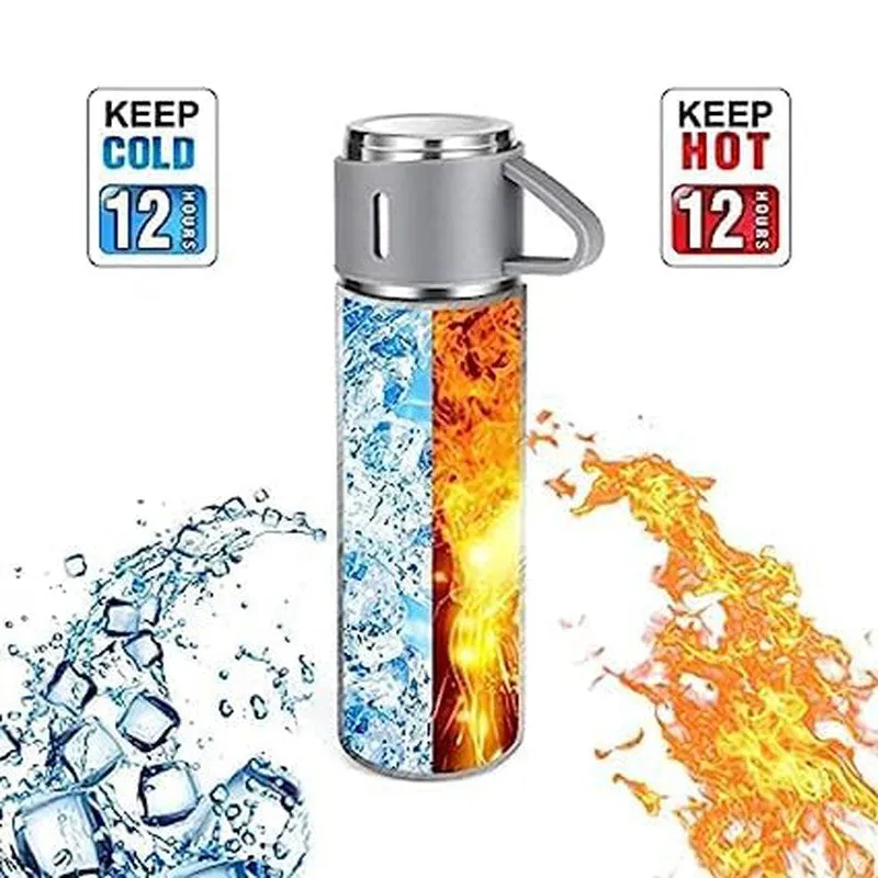 Premium Stainless Steel Thermo 500ml Vacuum Insulated Bottle Water Flask Gift Set with Two Cups Hot & Cold