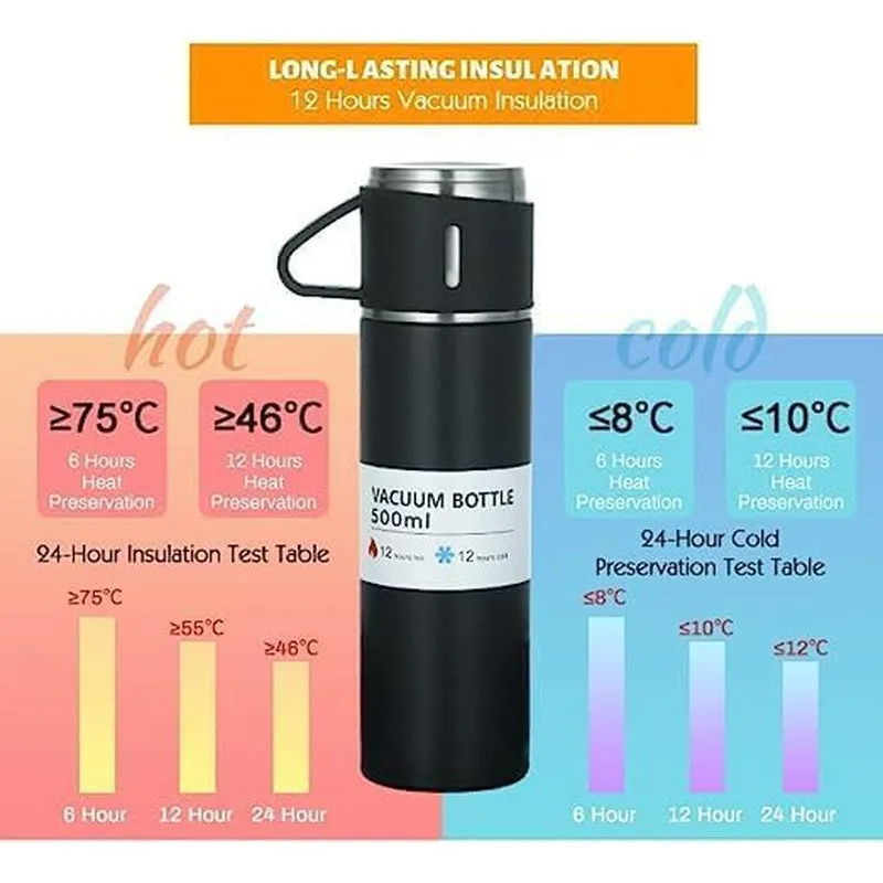 Premium Stainless Steel Thermo 500ml Vacuum Insulated Bottle Water Flask Gift Set with Two Cups Hot & Cold