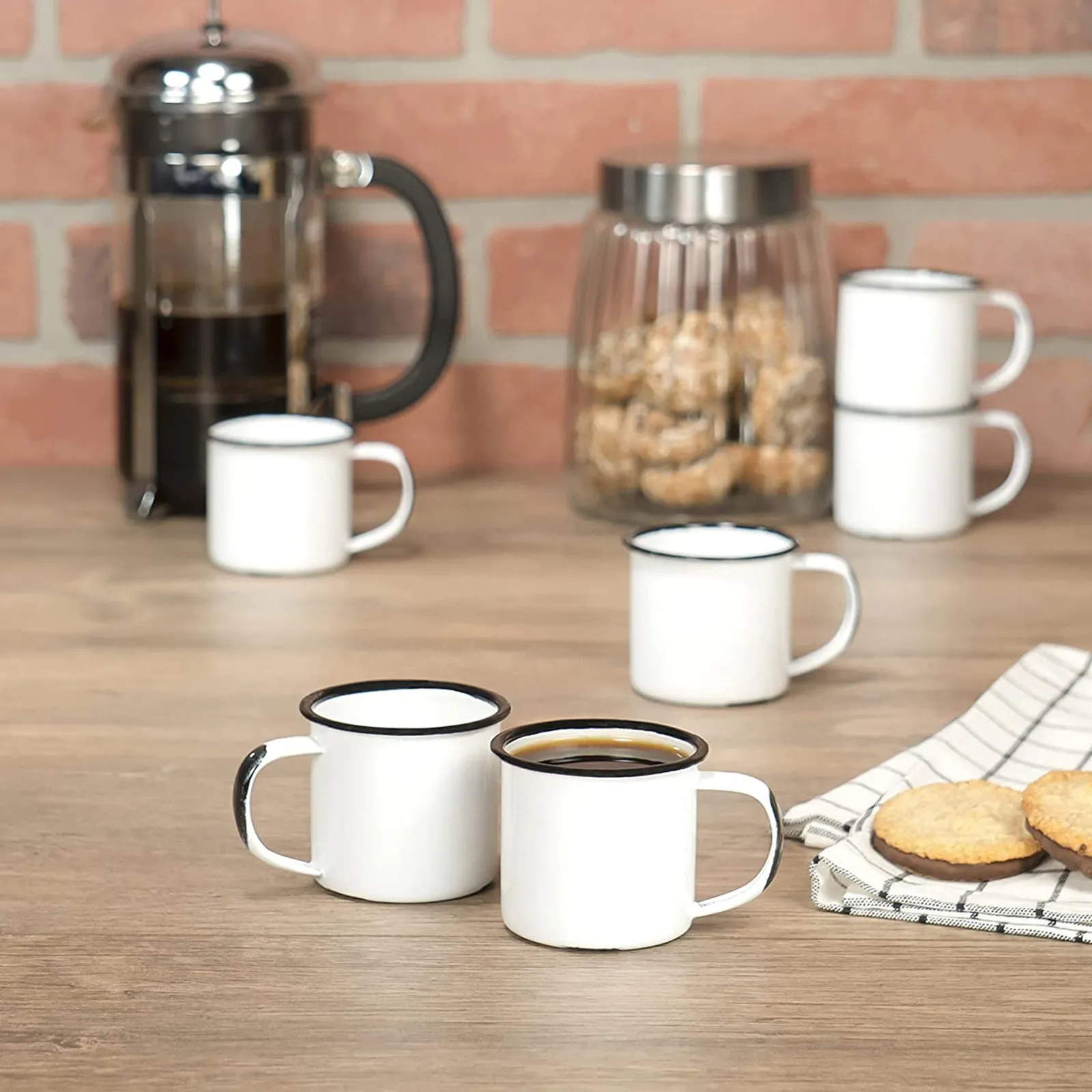 Red Co. Set of 6 Enamelware Metal Small Classic 5 Oz Round Coffee and Tea Mug with Handle, Distressed White/Black Rim