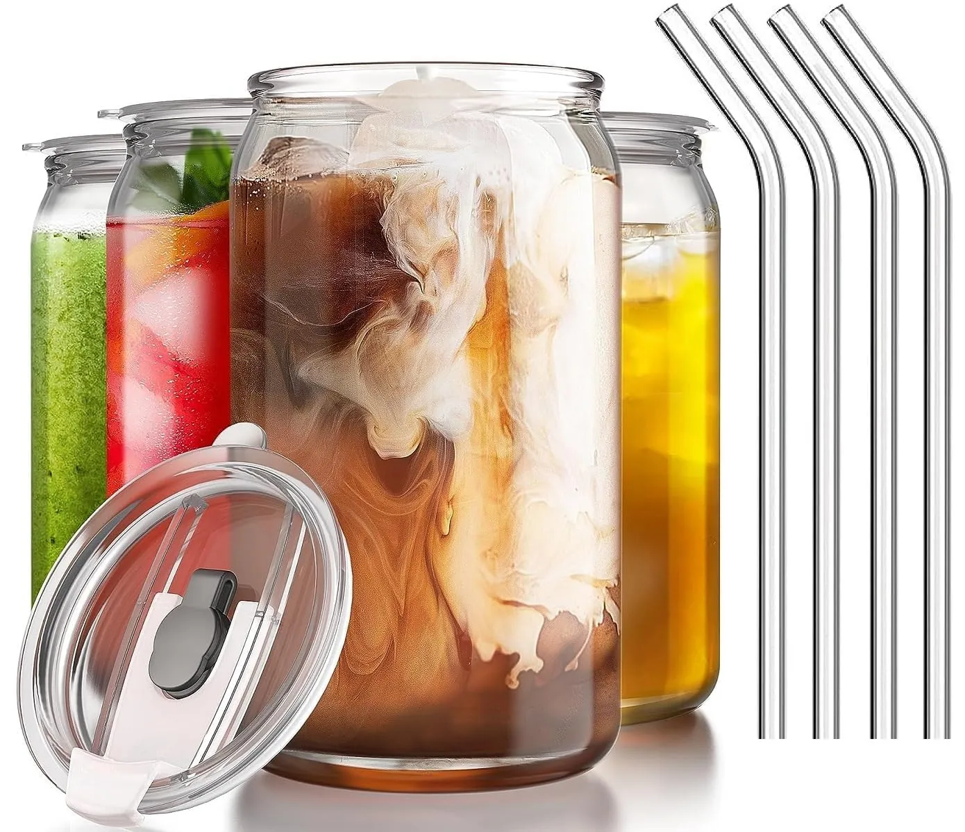 SKDBPM Can with Straw, Transparent Glass Fruit Juice Milk Sipper Tumbler Mug with Lid and Glass Straw - 540ml - Pack of 1 - Tea and Coffee Cup Can Set