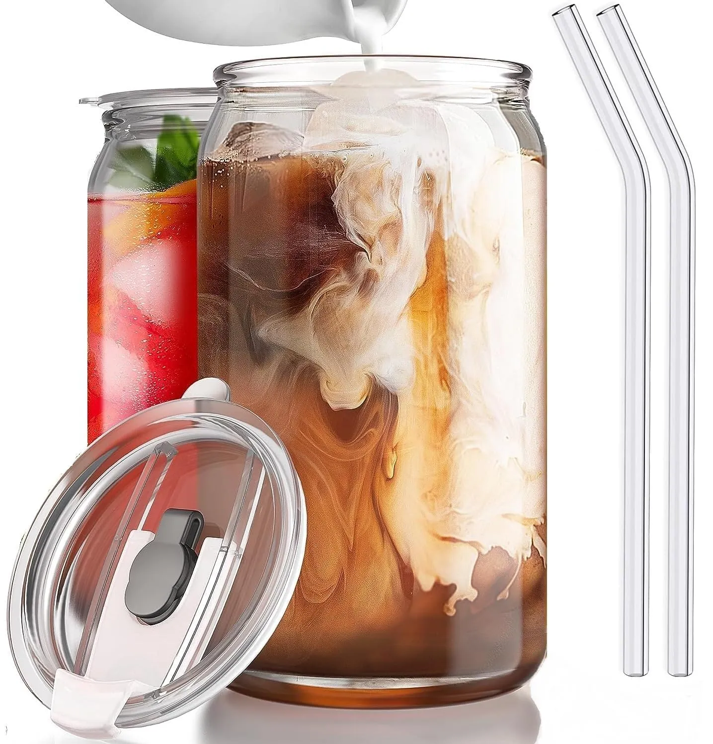 SKDBPM Can with Straw, Transparent Glass Fruit Juice Milk Sipper Tumbler Mug with Lid and Glass Straw - 540ml - Pack of 1 - Tea and Coffee Cup Can Set