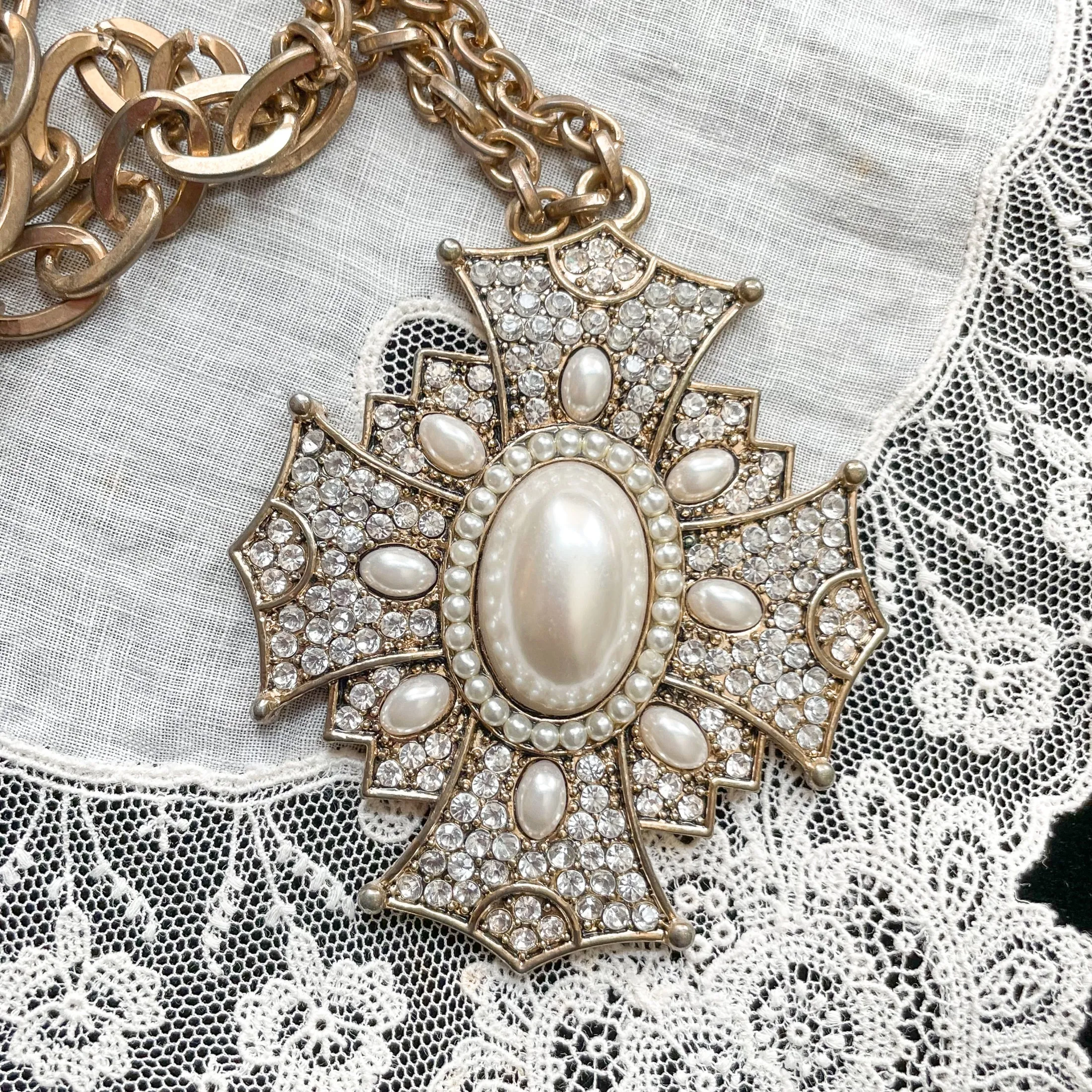 SOLD Vintage Faux Pearl Pendant Necklace, Maltese Cross Statement Necklace, Renaissance Revival