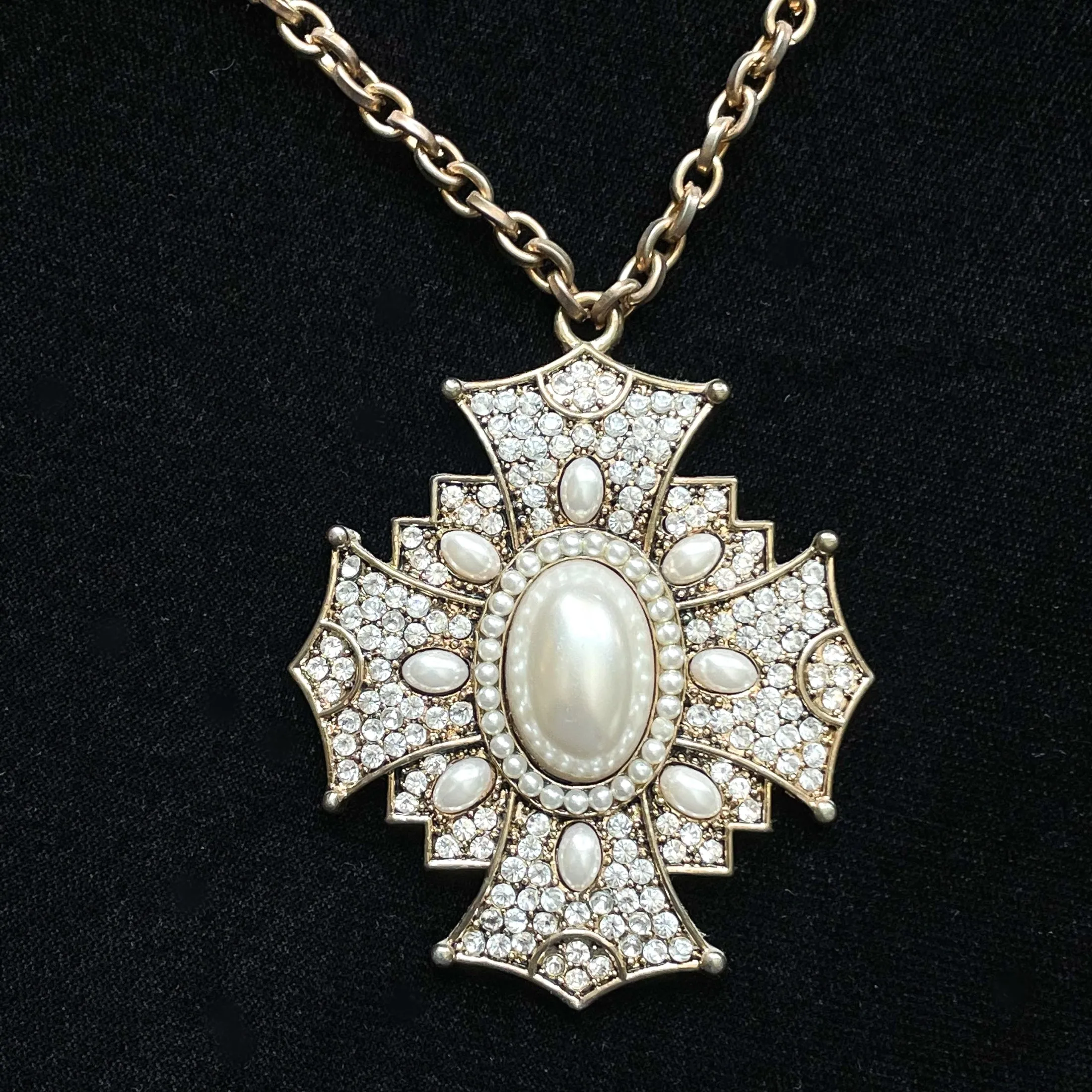 SOLD Vintage Faux Pearl Pendant Necklace, Maltese Cross Statement Necklace, Renaissance Revival