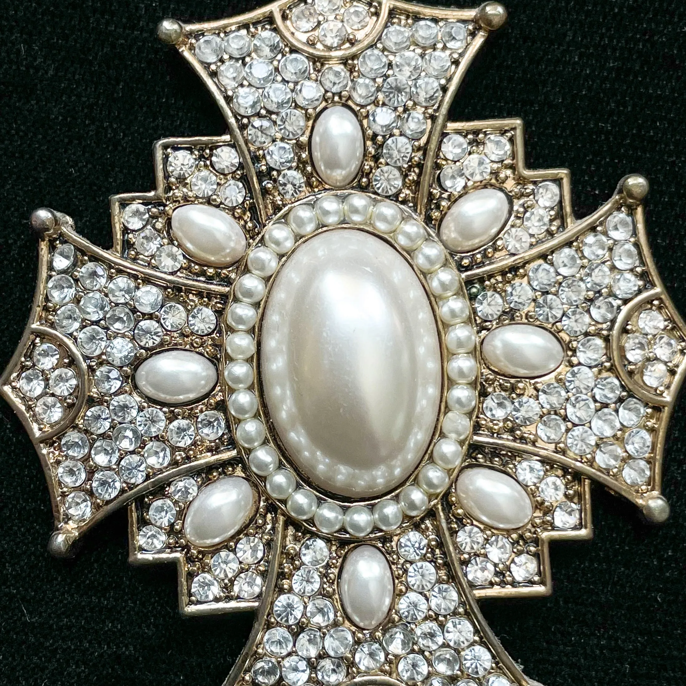 SOLD Vintage Faux Pearl Pendant Necklace, Maltese Cross Statement Necklace, Renaissance Revival