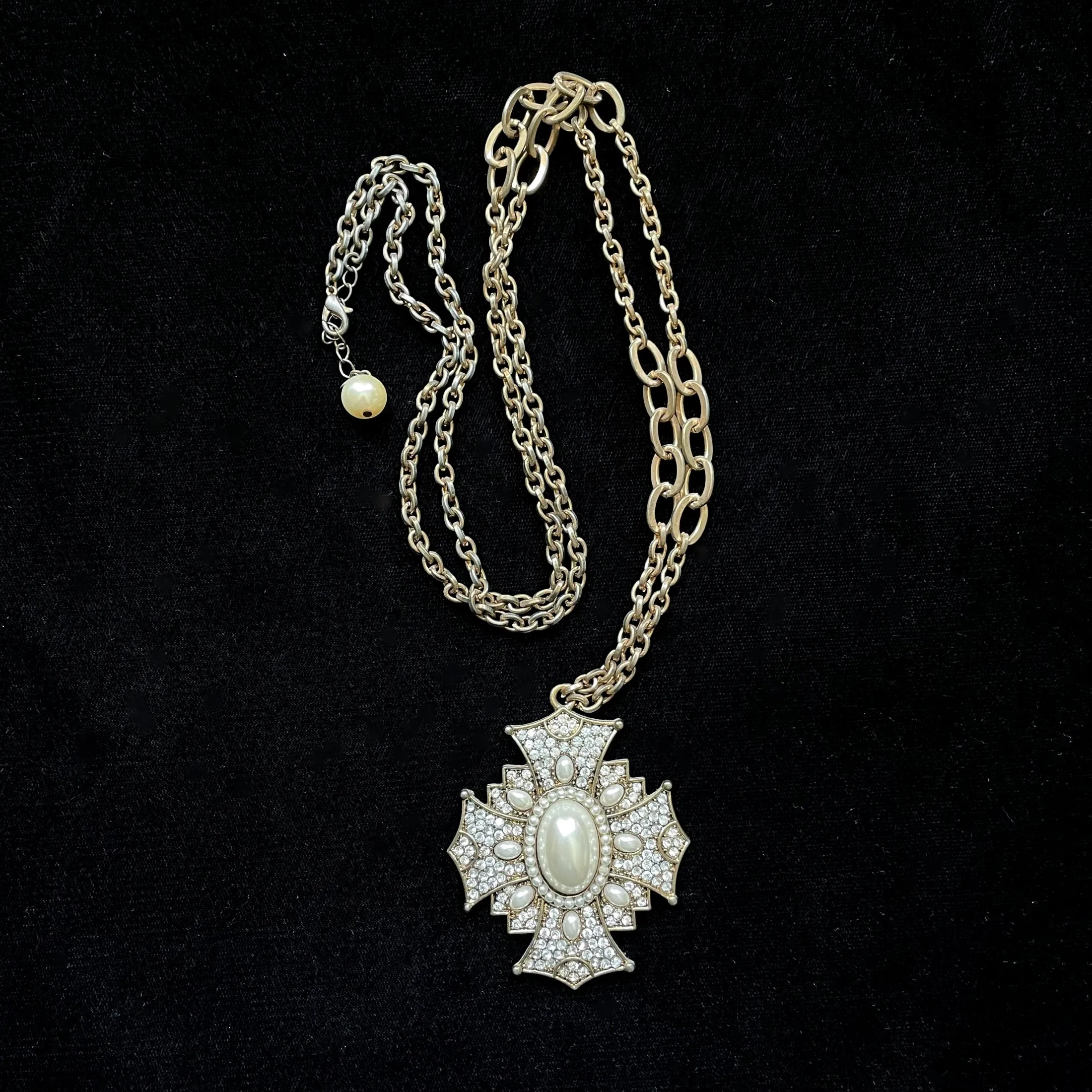 SOLD Vintage Faux Pearl Pendant Necklace, Maltese Cross Statement Necklace, Renaissance Revival