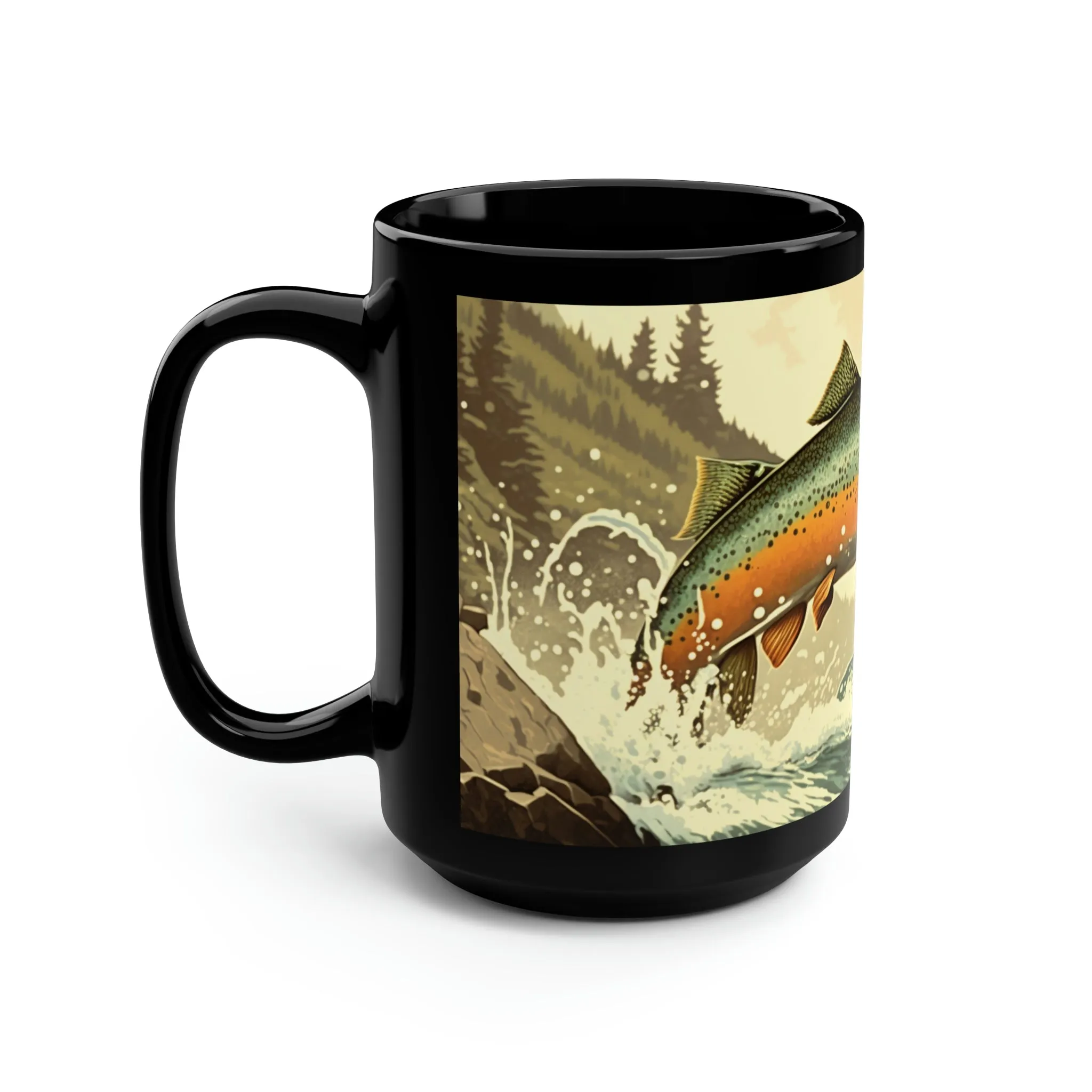 Vintage Trout Jumping in Mountain Stream - 15 oz Coffee Mug - Fishing fisherman Mug