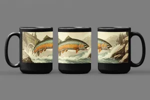 Vintage Trout Jumping in Mountain Stream - 15 oz Coffee Mug - Fishing fisherman Mug