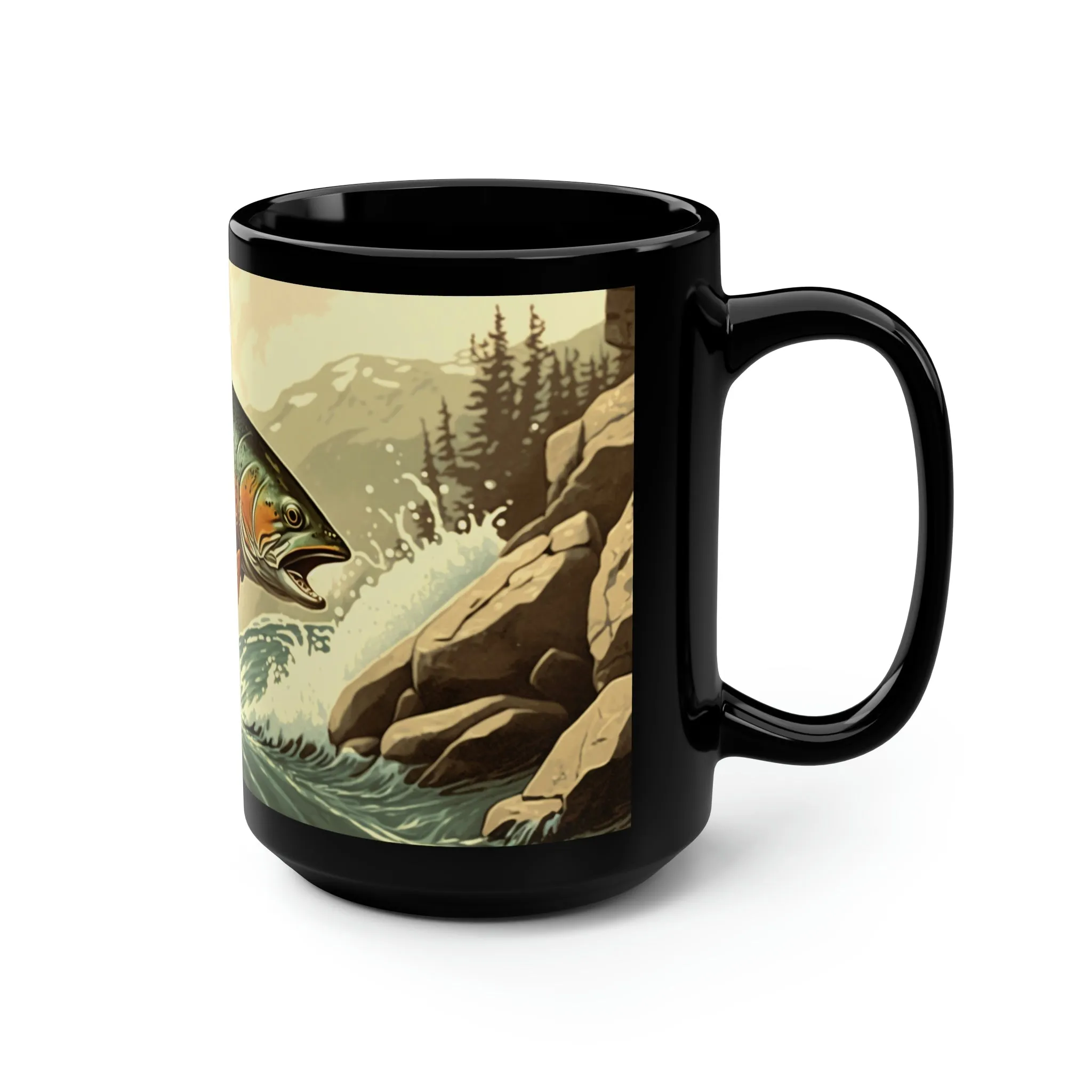 Vintage Trout Jumping in Mountain Stream - 15 oz Coffee Mug - Fishing fisherman Mug