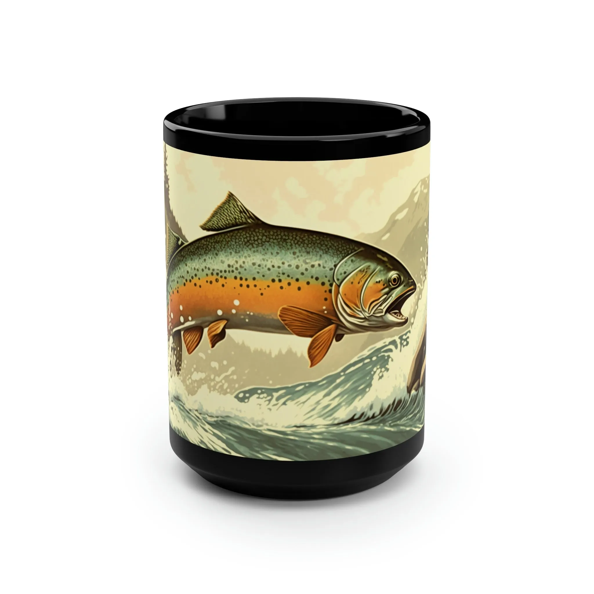 Vintage Trout Jumping in Mountain Stream - 15 oz Coffee Mug - Fishing fisherman Mug